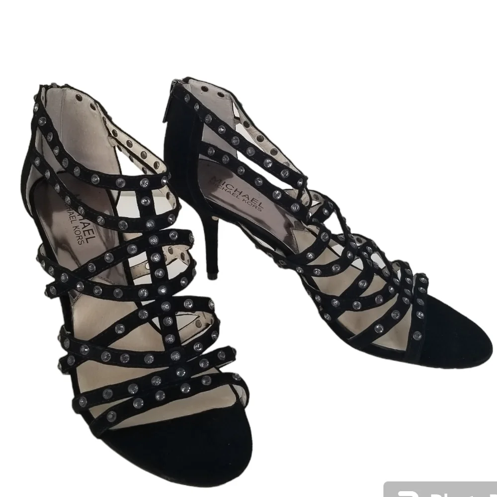 Michael Michael Kors Maddie Jeweled T-Strap Suede Peep Toe Heels Black Size 9